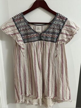 Knox Rose Embroidered Striped Peasant Top - Cream, Teal & Burgundy